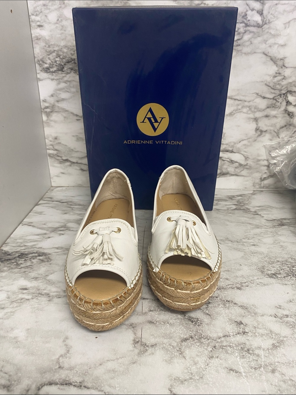 Adrienne Vittadini White Tassel Espadrille Platform Peep-Toe
